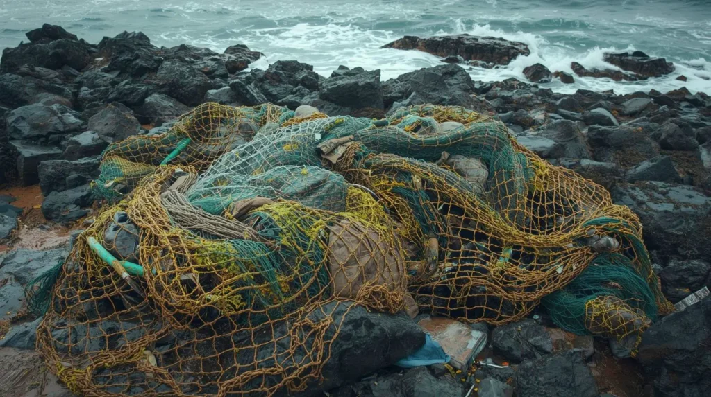 Abandoned ghost net tangled on rocky coastline covered with debris and seaweed