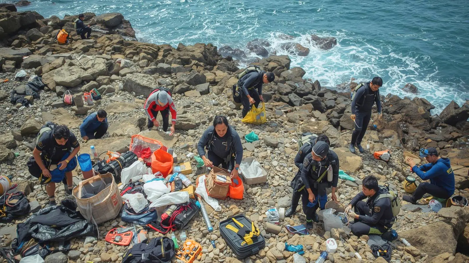 Group of volunteers collecting marine debris during coastal cleanup in Hong Kong