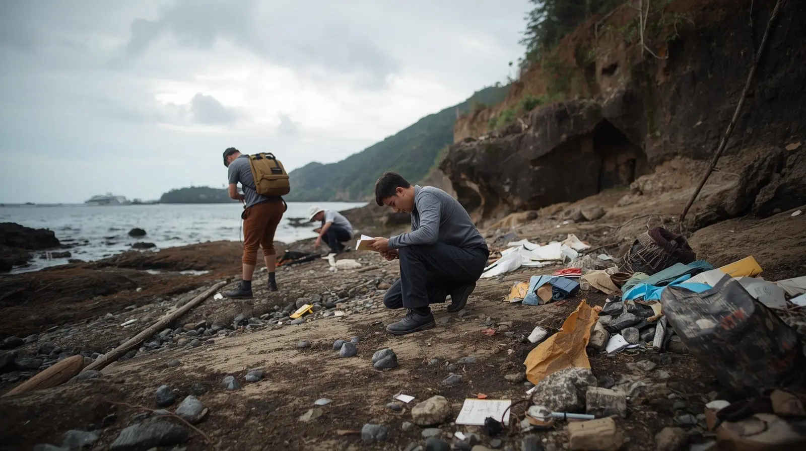 Volunteers cleaning marine debris on rocky coastline in Hong Kong